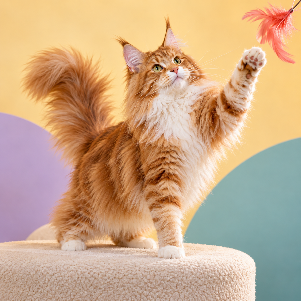 A playful Maine Coon reaching for a feather toy